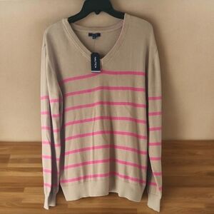 NEW! Nautica top women pink striped  v neck 100% cotton Sz XL